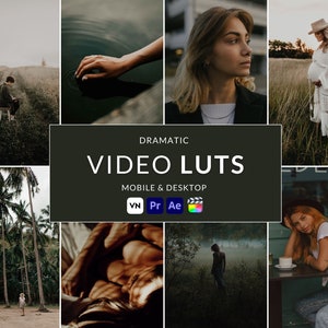 May include: A collage of images showcasing a variety of video editing styles. The images include a person in a field, a hand touching water, a woman with a serious expression, a pregnant woman in a white dress, a couple lying in bed, a person walking in a foggy forest, and a woman sitting at a table with a cup of coffee. The text "Dramatic Video Luts" is displayed in the center of the collage, along with the words "Mobile & Desktop" and icons for various video editing software.
