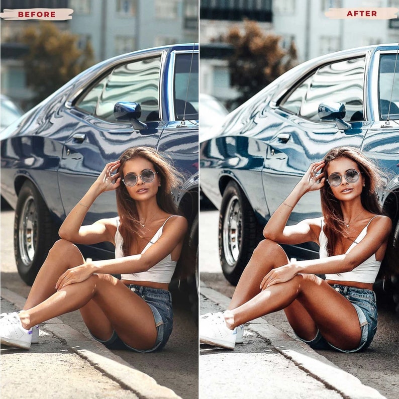 May include: A woman wearing sunglasses, a white top, and denim shorts sits next to a classic blue car. The image has text that says "BEFORE" and "AFTER" in the top corners. The woman is wearing white sneakers and is sitting on the ground.