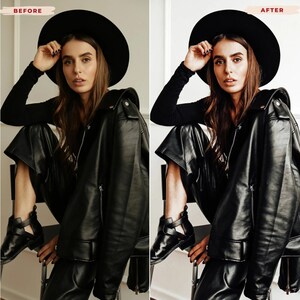 May include: A woman wearing a black hat, long-sleeved top, leather jacket, and pants, and black cut-out ankle boots. The image has a before and after effect, with the text "BEFORE" and "AFTER" in the top corners.