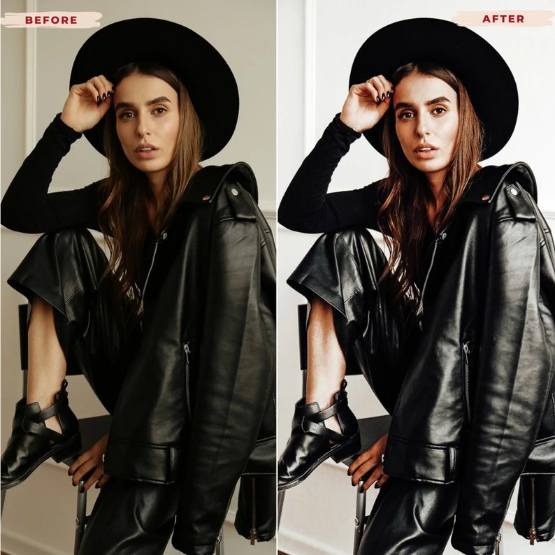 May include: A woman wearing a black hat, long-sleeved top, leather jacket, and pants, and black cut-out ankle boots. The image has a before and after effect, with the text "BEFORE" and "AFTER" in the top corners.