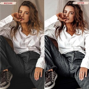 May include: A woman wearing a white button-down shirt and gray trousers. She is seated, with one hand near her face. The image is split, with "BEFORE" and "AFTER" text in the top corners, suggesting a photo editing comparison.