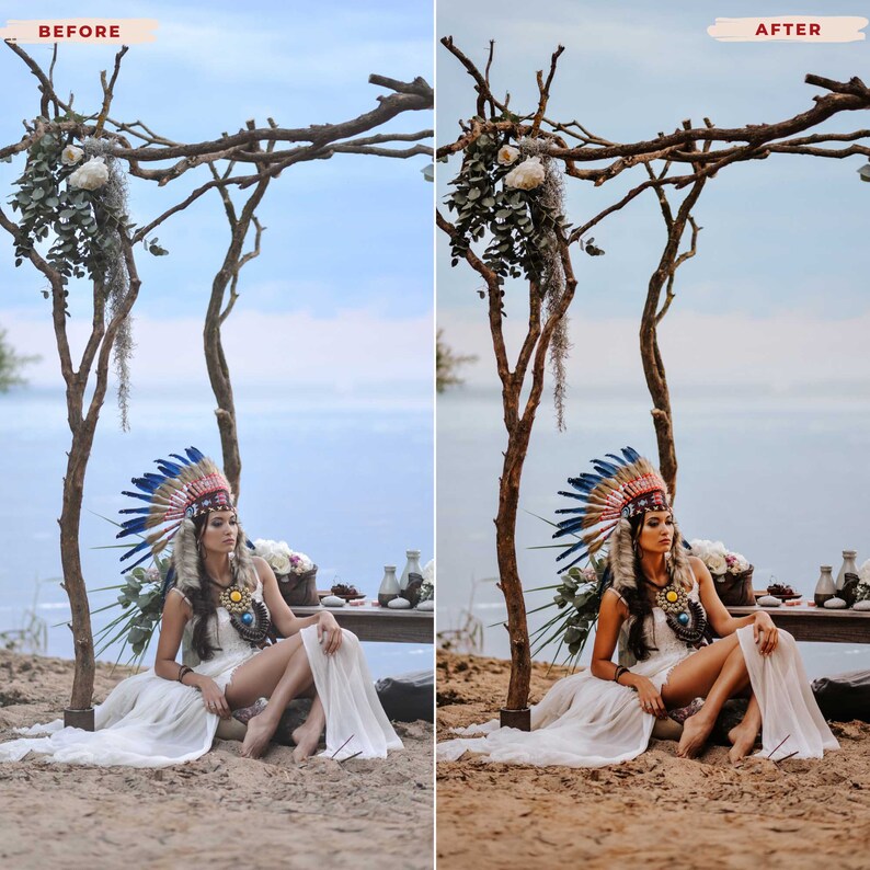 May include: A woman wearing a Native American headdress with blue and red feathers, seated on a sandy beach. She is dressed in a white dress and adorned with jewelry. A wooden structure with floral arrangements frames the scene, with the ocean in the background.