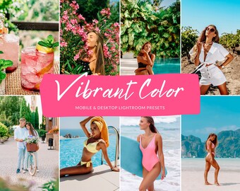 May include: A collage of lifestyle images with a vibrant color theme. The images include cocktails, a woman near pink flowers, a woman by a pool, and a woman in white shorts. Text on a pink banner reads "Vibrant Color" and "Mobile & Desktop Lightroom Presets."