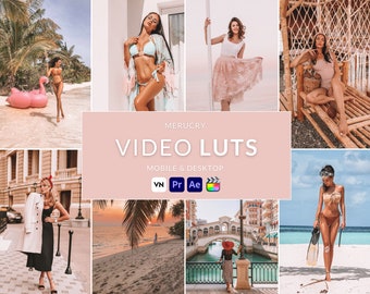 May include: A collage of images featuring women in various settings, including a beach, a city, and a tropical location. The images are edited with a warm, vintage-inspired color palette. The text "MERUCRY VIDEO LUTs MOBILE & DESKTOP VN Pr Ae" is displayed in the center of the collage.