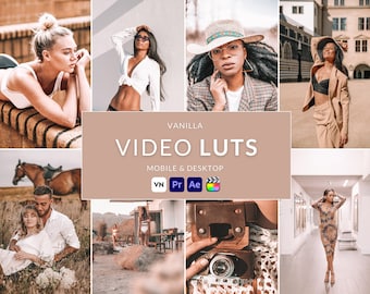 May include: A collage of lifestyle photos with a warm, sepia tone. The central image features the text "VANILLA VIDEO LUTS" with "MOBILE & DESKTOP" below, and icons for video editing software. The photos showcase various scenes and people.