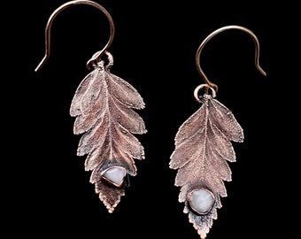 Real Fern Leaf Dangle Earrings / Strawberry Quartz Earrings/ Nature Inspired Earrings / Rose Gold Ear Wires / Electroformed Leaves