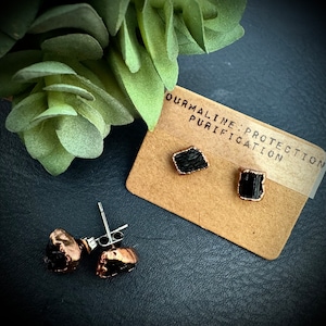 Black Tourmaline Earrings / Raw Crystal Copper Studs / Libra Birthstone Earrings / Electroformed Jewelry