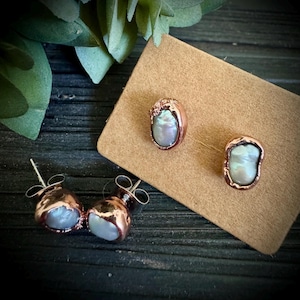 Handmade Baroque Pearl Stud Earrings: Copper Electroformed Jewelry