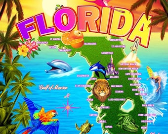 Florida Map Cotton Velour Beach Blanket - Soft, Large, Vibrant Colors 54x68