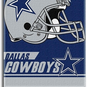 May include: A blue and silver Dallas Cowboys themed design. The image features a football helmet with a star logo, a large star outline, and the team name. The background is a textured blue.