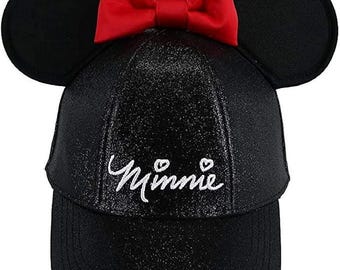 Vintage Adult Disney Minnie Mouse Ears Red Bow Glitter Snapback Hat – Adjustable Baseball Cap