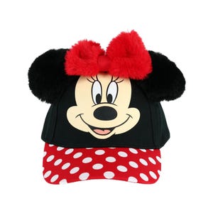 May include: Black baseball cap featuring Minnie Mouse's face with a red bow and black ears. The cap's brim is red with white polka dots. A fun and colorful accessory for fans of the iconic character.
