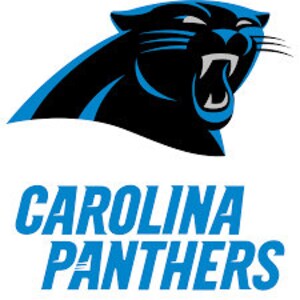 May include: Carolina Panthers logo featuring a black panther with a blue and black background. The team name is written in blue and black below the panther.
