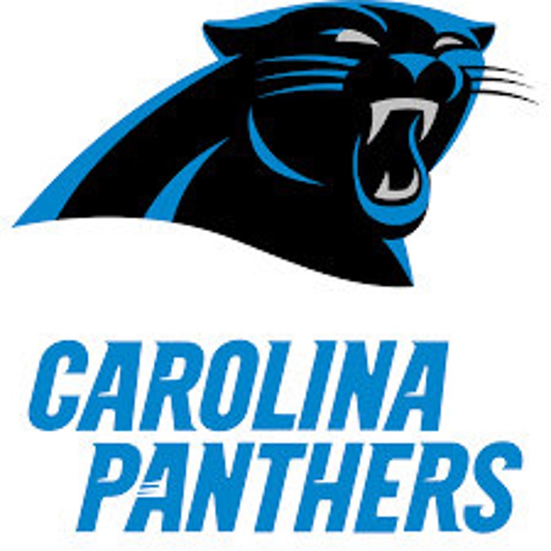 May include: Carolina Panthers logo featuring a black panther with a blue and black background. The team name is written in blue and black below the panther.