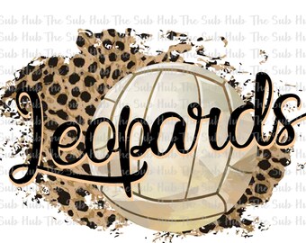 Può includere: Una pallavolo con uno sfondo leopardato marrone e nero. La parola "Leopards" è scritta in corsivo nero.