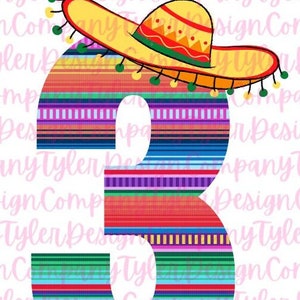 Drie, nummer 3 met Sombrero, Serape, eerste verjaardag, Gender Reveal, Cinco de Mayo, Instant Digital Download, JPEG PNG-bestand
