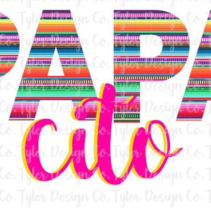 May include: A colorful graphic design with the words "PAPA cito" in a bright pink font with a yellow outline. The letters in "PAPA" are filled with a colorful striped pattern reminiscent of a Mexican blanket.