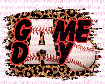 May include: A black and red "GAME DAY" graphic with a leopard print background and two baseballs. The baseballs are white with red stitching.