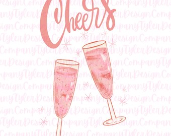 Brindis con copas de champán rosado: Diseño de Nochevieja (Descarga digital)