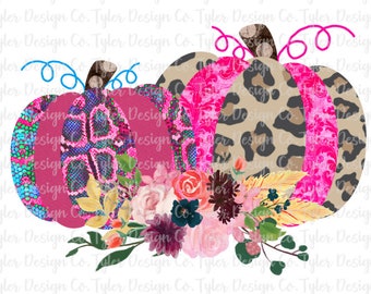 Floral Pumpkin Snakeskin Leopard Watercolor, Sublimation, Fall Halloween Pumpkin, Design Instant Download, PNG File
