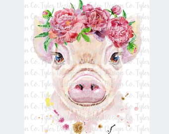 Watercolor Pig with Peony Flower Headband (PNG File)