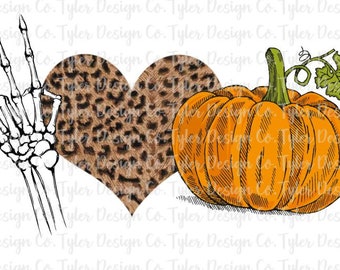 Peace Love Kürbis Halloween Sublimationsdesign: Leopardherz, Skeleton Hand (PNG File)