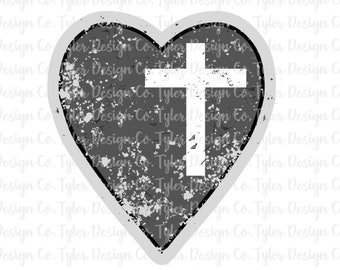 May include: A distressed gray heart with a white cross in the center. The heart has a white outline.