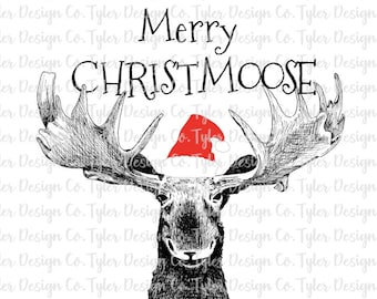 Puede incluir: Una ilustración en blanco y negro de un alce con un gorro de Papá Noel rojo. El texto "Merry Christmoose" está escrito encima del alce.