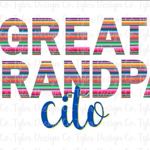 Pode incluir: Um design gráfico colorido com o texto "GREAT GRANDPA cito" em um padrão listrado que lembra um cobertor mexicano.