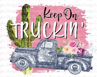 Vintage Truck Floral Cactus Watercolor Sketch: PNG File (Digital Download)