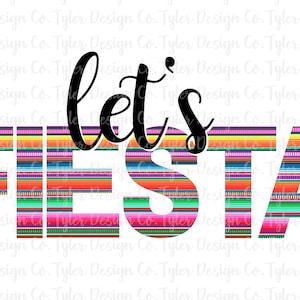 Pode incluir: Texto "Let's Fiesta" em preto com um fundo listrado colorido. As listras são vermelhas, laranja, amarelas, verdes, azuis, roxas e brancas.