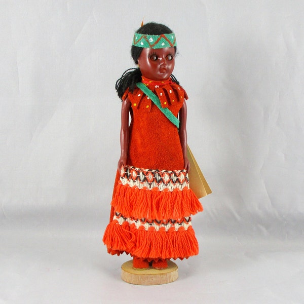 Vintage Native Doll Orange Leather Dress Black Yarn Hair from Indien Art Eskimo - Made in Canada - Native Collectibles - DandTBarnFinds