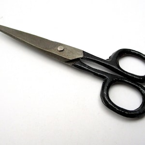 May include: Black handled scissors with silver blades. The scissors are closed.