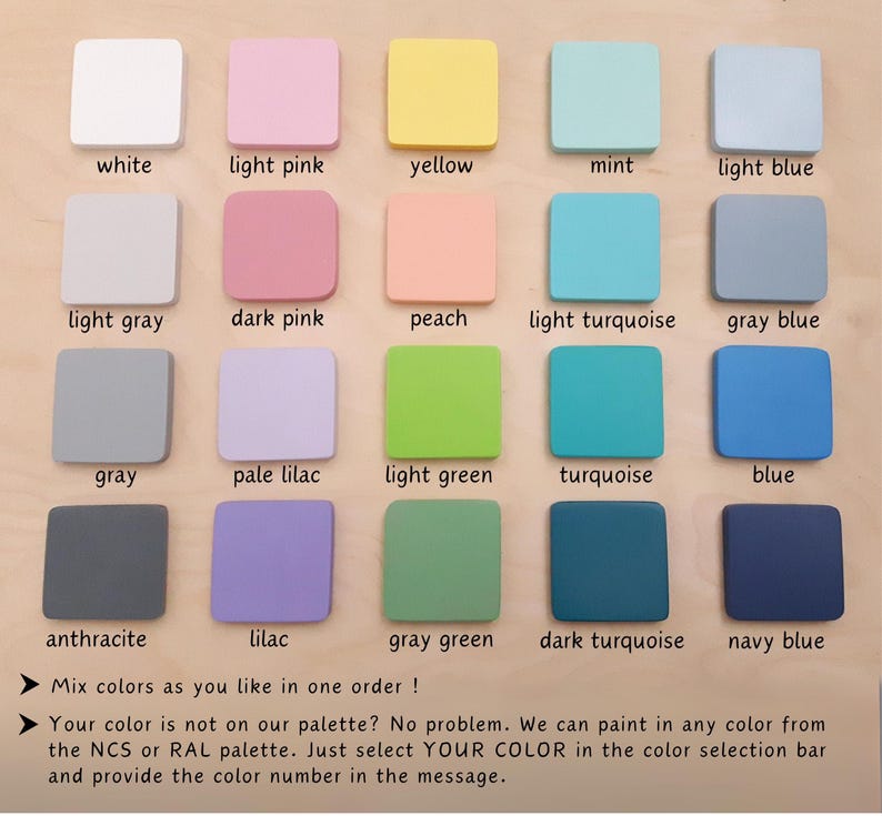 May include: A wooden color palette featuring 20 square color samples in various shades, including white, pink, yellow, blue, and green. Text on the image encourages mixing colors and custom color requests.