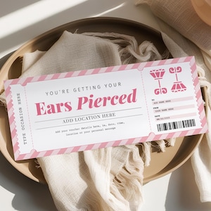 Certificado de regalo para piercing de oreja (editorial), cupón imprimible para piercing de oreja, idea de regalo para hija adolescente, tarjeta de regalo para piercing.