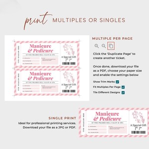 Puede incluir: Certificado de regalo imprimible para una manicura y pedicura en The Prairie Hill Salon & Spa. El certificado presenta un fondo a rayas rosa y blanco con un dise&ntilde;o floral y el texto "Un regalo especial para ti".