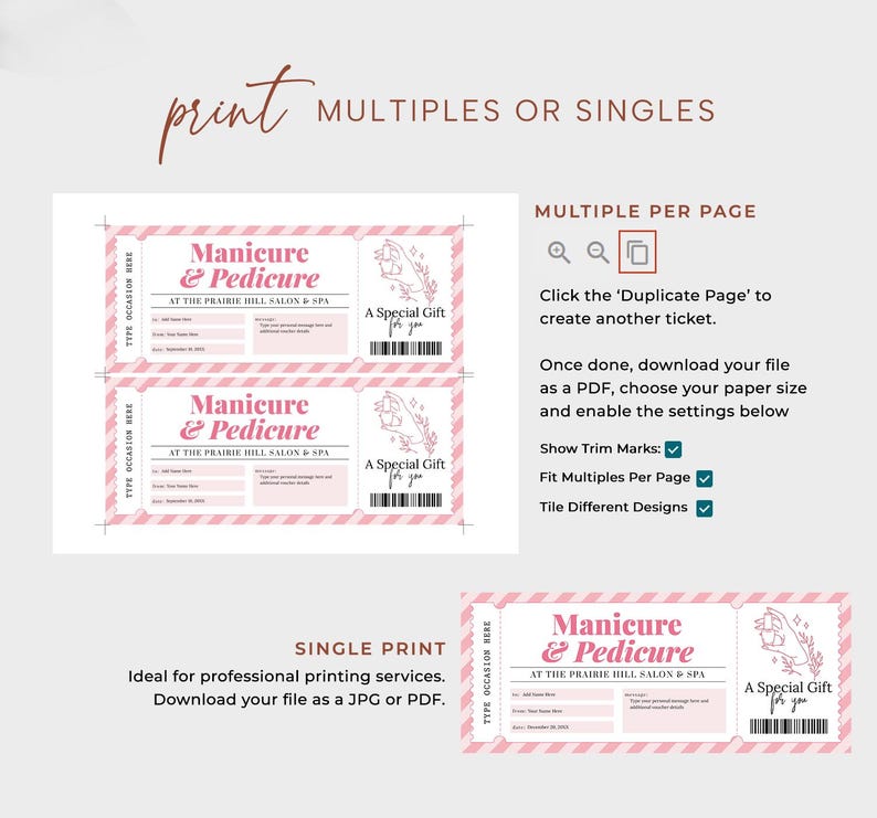 Puede incluir: Certificado de regalo imprimible para una manicura y pedicura en The Prairie Hill Salon & Spa. El certificado presenta un fondo a rayas rosa y blanco con un dise&ntilde;o floral y el texto "Un regalo especial para ti".