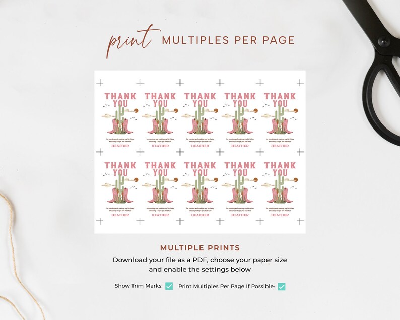 May include: Printable thank you cards with a cactus and cowboy boot design. The cards are white with pink text that says "Thank You". The text "Print Multiples Per Page If Possible" is checked.
