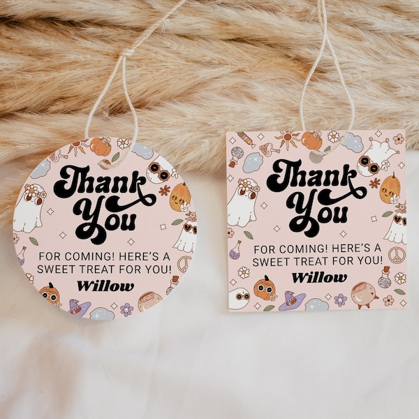 Groovy Halloween Favor Tags EDITABLE, Retro Thank you Labels, Printable Trick or Treat Bag Label, Halloween Thank You Gift Tags SH13