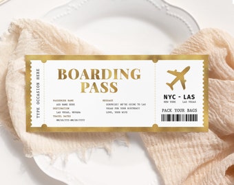 Boarding Pass Gold Ticket EDITABLE, Printable Personalized Plane Ticket Template, Surprise Trip Ticket, Flight Airline Travel Voucher