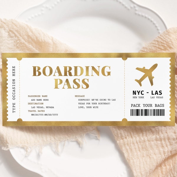 Bordkarte Gold Ticket EDITIERBAR, druckbare personalisierte Flugticketvorlage, Überraschungsreiseticket, Flugfluglinienreisegutschein