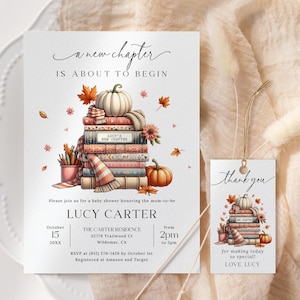Fall Storybook Baby Shower Invitation EDITABLE, Autumn Book Themed Bridal Shower Invitation, New Chapter Shower, Little Pumpkin Shower AB31