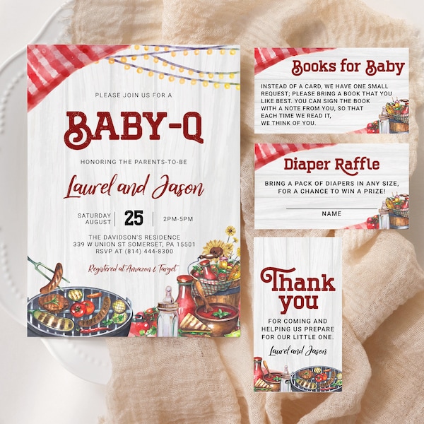 Suite d'invitations pour baby shower barbecue MODIFIABLE, Bundle d'invitations pour baby shower dans l'arrière-cour imprimable, mixte sans distinction de sexe Baby-Q Baby Shower BBQ25