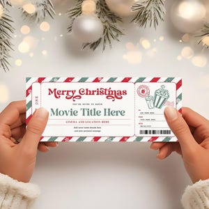 Christmas Movie Ticket Template, EDITABLE Holiday Movie Theater Gift Card, Printable Christmas Movie Night Invitation, Movie Night Coupon, Digital Download