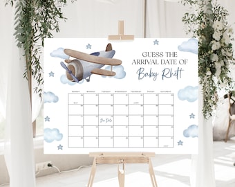 Blue Airplane Baby Due Date Calendar EDITABLE, Vintage Plane Baby Shower Sign Printable, Boy Baby Shower, Guess Baby Birthday Poster AP13