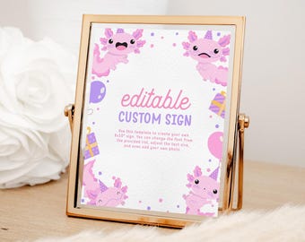 Cartello personalizzato per la festa di compleanno a tema axolotl, modificabile, cartello da tavolo rosa con simpatico axolotl per la festa di compleanno, tema "Sotto il mare", decorazione per la festa di compleanno di una bambina AX08