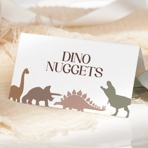 Etiquetas de comida de aniversário de dinossauro EDITÁVEIS, cartões de lugar para festa de dinossauro para impressão em tenda, cartão de comida de aniversário jurássico em tenda, etiqueta dobrável para buffet