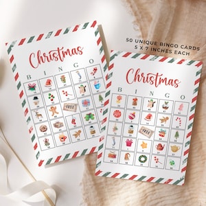 50 kerstbingokaarten, afdrukbaar leuk familiekerstspel, vakantiefeest bingospelkaarten, kerstkinderactiviteit, INSTANT DOWNLOAD