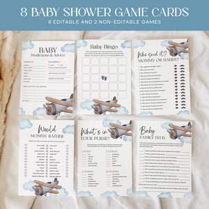 Blauwe vliegtuig babyshower spelletjes bundel BEWERKBAAR, 8 vintage vliegtuig babyshower spelletjes afdrukbare, jongens babyshower spelkaarten pack AP13