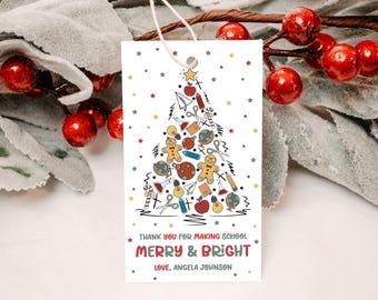 Etiqueta de regalo de Navidad de agradecimiento al maestro EDITABLE, etiqueta de regalo de Navidad alegre y brillante, etiqueta de vacaciones escolares, etiqueta de regalo de agradecimiento al maestro